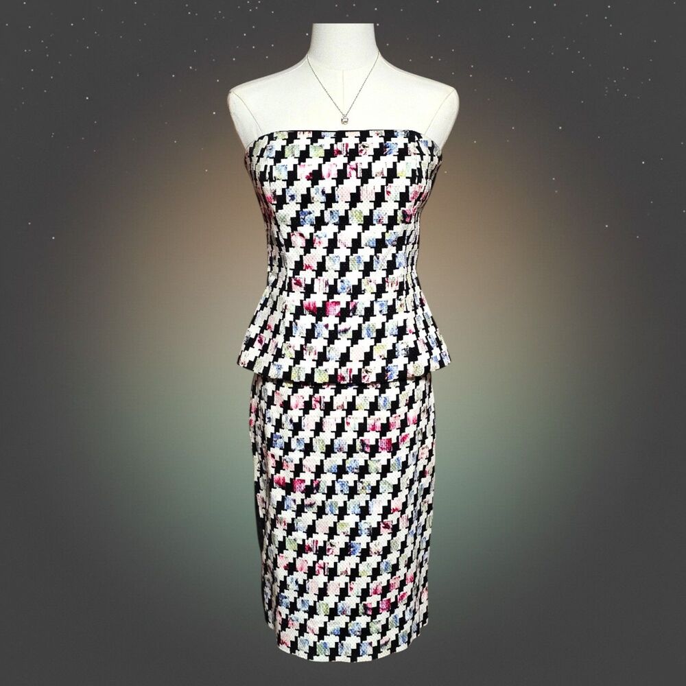 White House Black Market Sz 4 Houndstooth Peplum Top Pencil Skirt Set